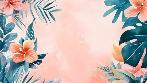 Tropical floral composition with layered botanical elements and soft color gradients