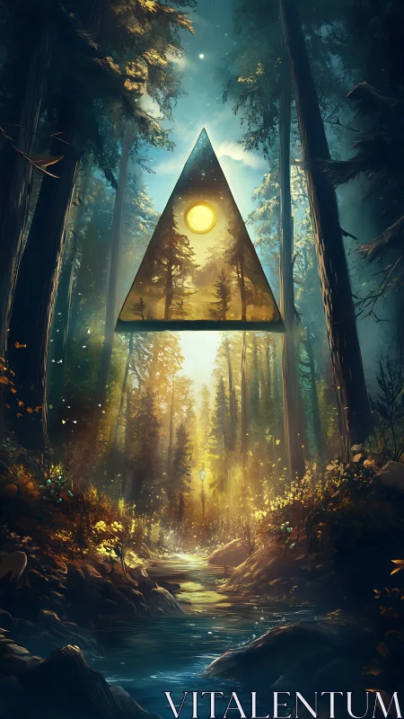 Glowing triangle portal hovers above sunlit forest stream