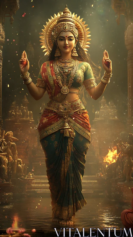 Divine female deity in ornate temple, high-detail digital rendering