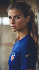 Focused soccer player in blue jersey sharing steady resolve.