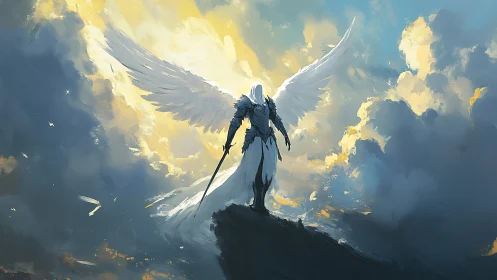 Winged armored figure with sword on cliff in clouded sky.