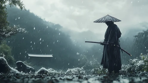 Lone samurai stands in rainy mountain landscape scene.