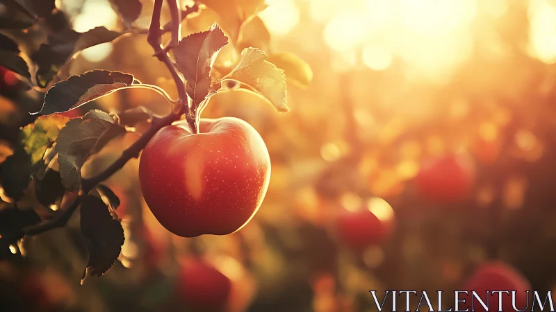Backlit ripe apple in shallow depth orchard scene at golden hour