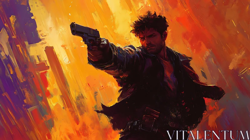 Blazing action hero holds his ground in a storm of color