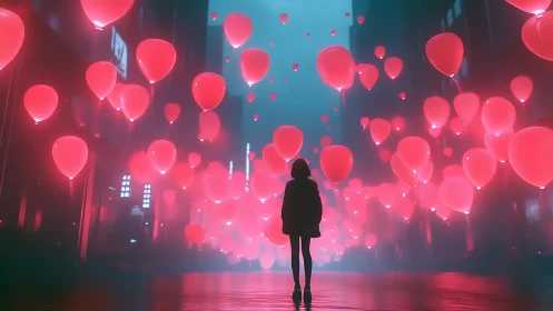 Silhouetted figure in neon fog with luminous red balloons.
