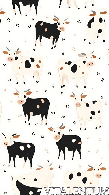 Playful pasture parade of spotted cartoon cows in cream fields.