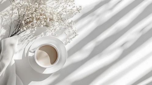 Soft morning coffee rests amid delicate floral shadows.