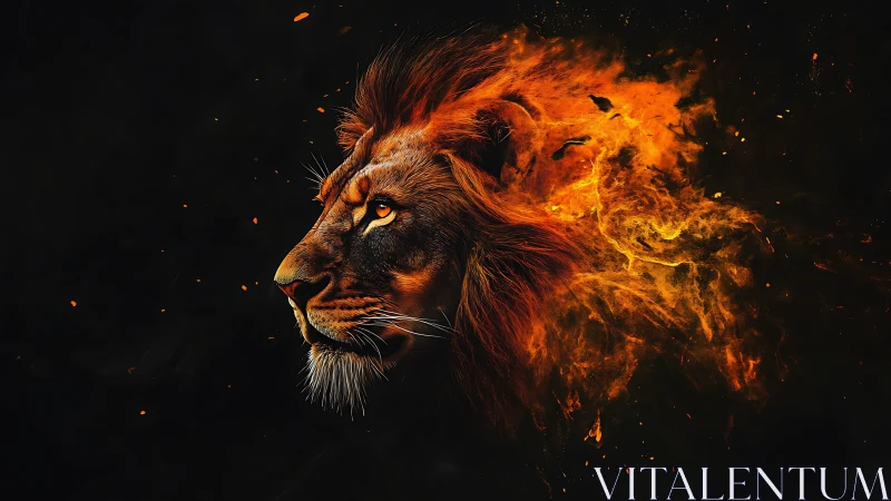 Lion profile forged in roaring flame burst on black void