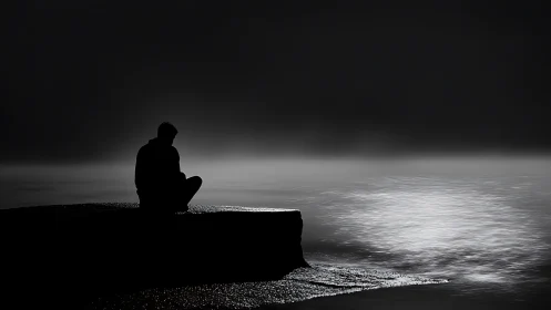 Monochrome coastal silhouette in minimalist low-key composition.