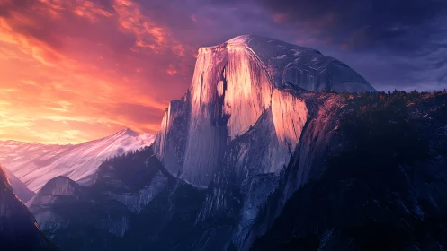 Sunlit granite peak glowing in a tender mountain sunset.