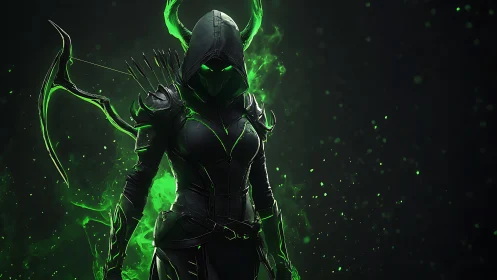 Hooded archer in glowing green armor stands in dark void
