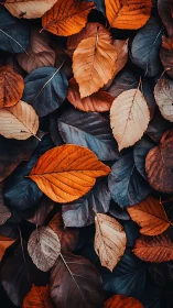 Autumn leaf macro pattern contrasts warm oranges with cool blues
