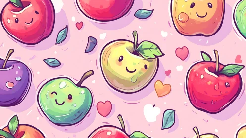 Cartoon fruit pattern with stylized apples on pink background.