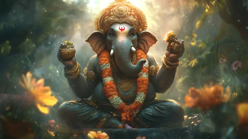 Radiant Lord Ganesha sits in a mystical forest sanctuary.