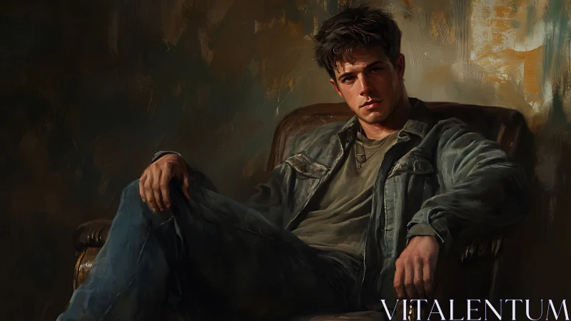 Relaxed young man in denim resting in a worn leather chair.