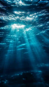 Sunlight penetrates clear blue ocean water in vertical beams