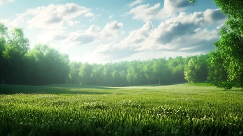 Sunlit meadow opening gently into a quiet forest edge.