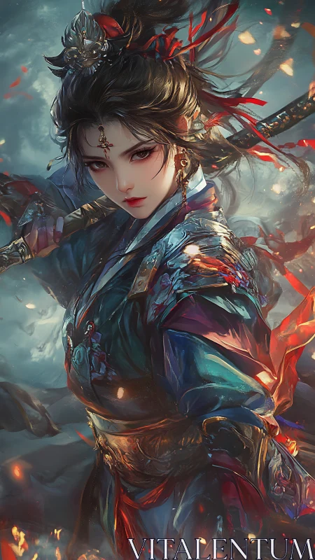 Fierce fantasy warrior woman in ornate battle armor poised.