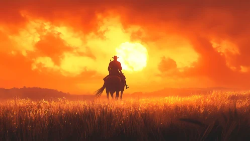 Lone cowboy rides toward blazing sunset over golden plain