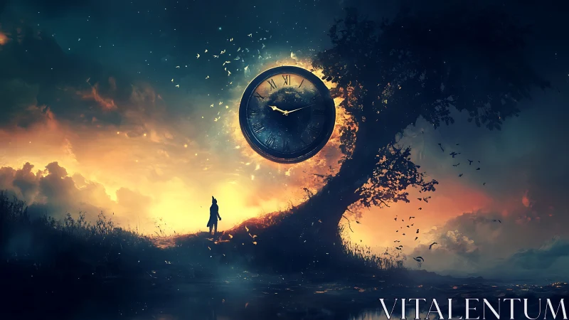 Solitary figure observes glowing clock suspended over bent tree