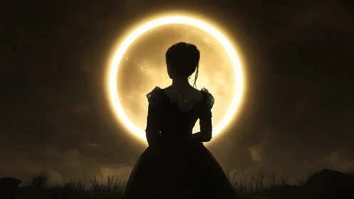 Silhouetted woman in dress standing before bright full moon.