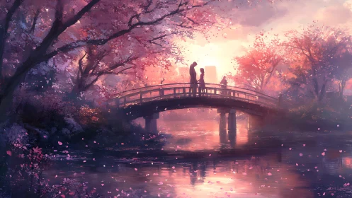 Soft sunset stroll on a cherry blossom bridge of whispers.