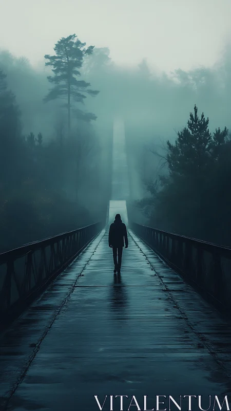 Solitary figure crossing misted bridge at dawn in forest.