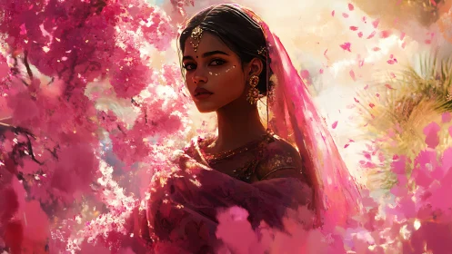 Digital portrait of veiled woman amid luminous pink blossoms