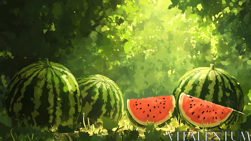 Sunlit garden watermelons waiting for a summer taste.