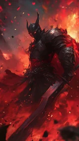 Dark armored warrior rises from roaring crimson firestorm
