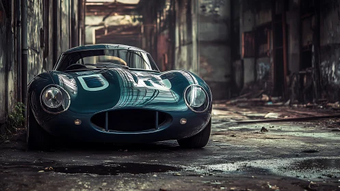 Vintage racing coupe parked in abandoned industrial site.