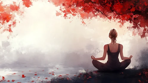 Quiet river meditation under glowing crimson leaves.