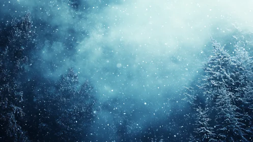 Soft winter snowfall drifts gently over quiet evergreen trees