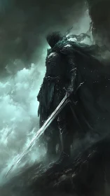 Shadow-clad knight with greatsword in storm-lit abyssal mist.