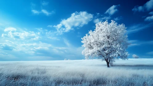 Solitary Snow-Covered Tree in Serene Winter Landscape, Photorealistic.