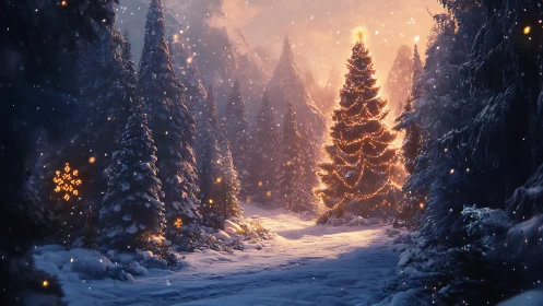 Illuminated fir with string lights in snowy twilight forest