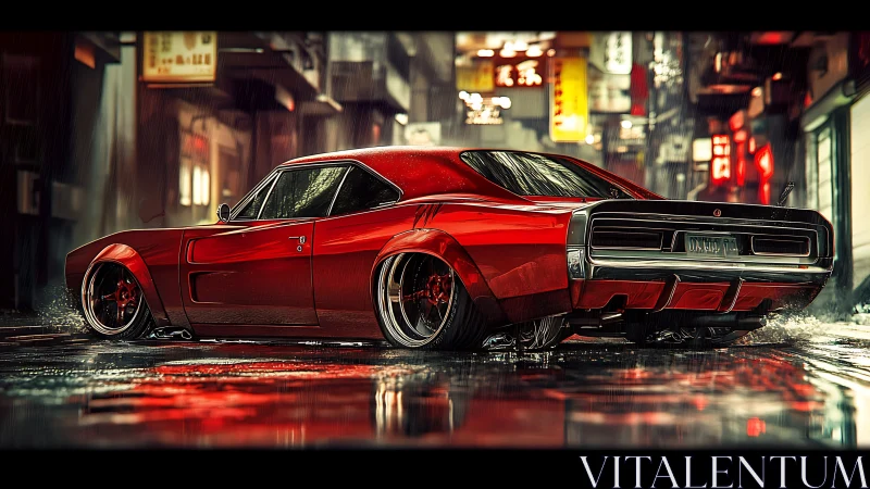 Midnight red muscle car glows warmly on sleek city streets