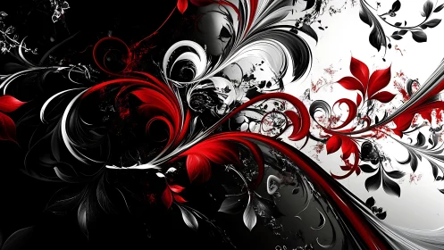 Flourishing red and white floral swirls divide light and shadow.