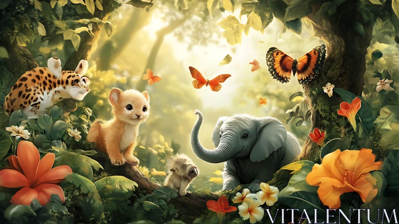 Cute baby jungle animals with butterflies in bright forest.