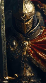Gold armored knight with sword and red velvet cloak.