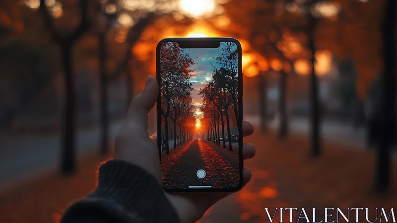 Sunlit autumn avenue framed in a smartphone window.