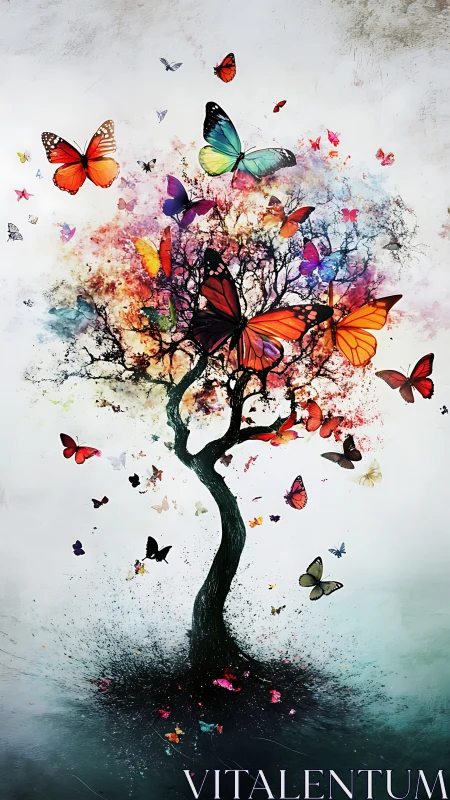 Butterfly bloom tree erupts into swirling watercolor sky.