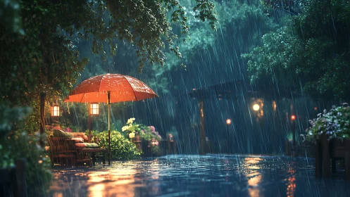 Luminous terrace under monsoon rainfall with reflective wet paving.