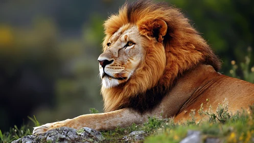Photorealistic lion portrait in shallow-depth savanna setting.