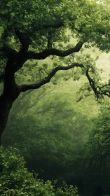 Ancient Giant Spreads Emerald Canopy Through Misty Forest Shadows