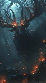 Stag-like forest entity with burning antlers in dark woodland.