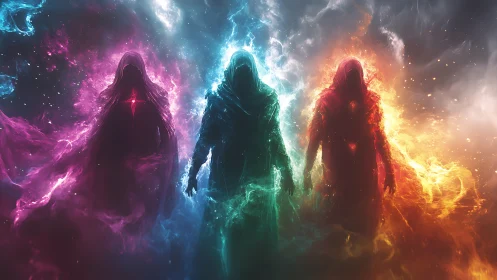 Elemental spectral mages stand within swirling cosmic flames