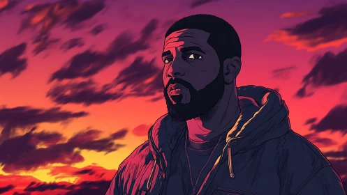 Digital portrait of man against vivid sunset sky backdrop.