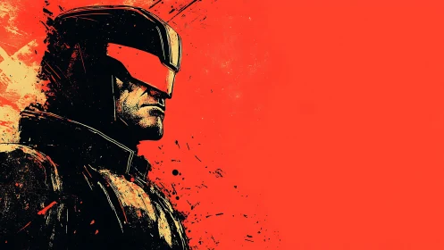 Armored cyber vigilante stands against bold red silence