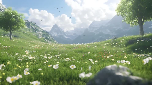 Sunlit alpine meadow opens toward distant misty peaks.